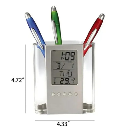 LCD Digital Alarm Clock Desk Calendar Pen Holder Organizer