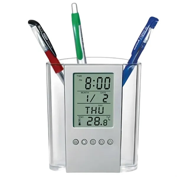 LCD Digital Alarm Clock Desk Calendar Pen Holder Organizer