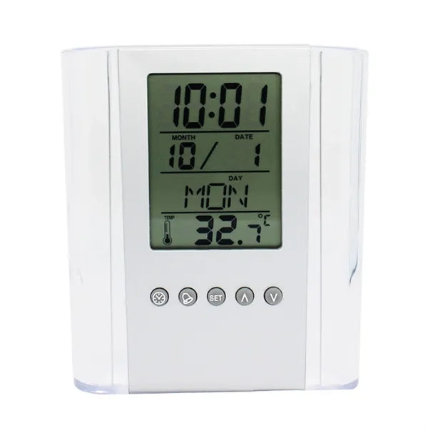 LCD Digital Alarm Clock Desk Calendar Pen Holder Organizer