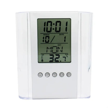 LCD Digital Alarm Clock Desk Calendar Pen Holder Organizer