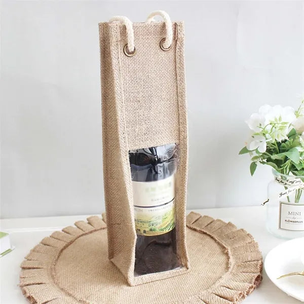 Eco-friendly Resuable Burlap Jute Wine Bottle Tote Bag
