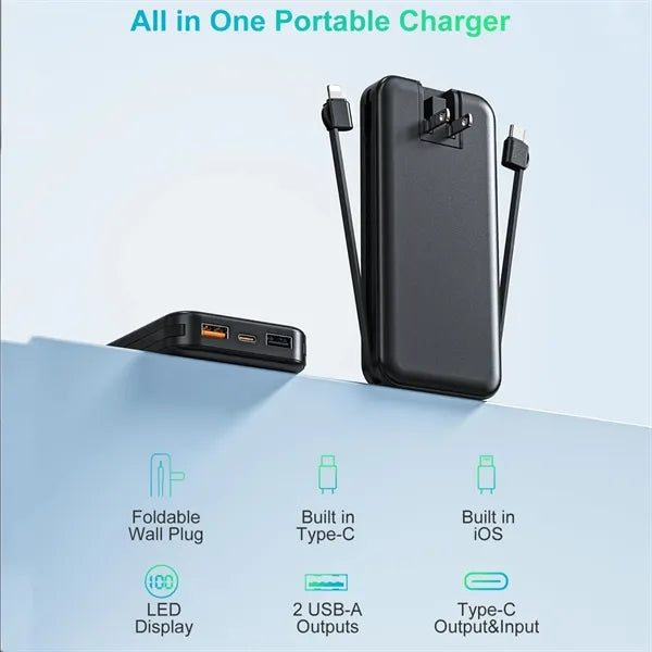 12000mAh Portable Charger with Built-in Cables & AC Wall Plu