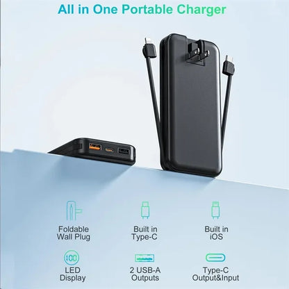 12000mAh Portable Charger with Built-in Cables & AC Wall Plu