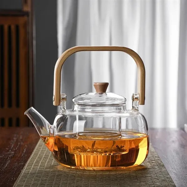 Bamboo Handle Glass Teapo