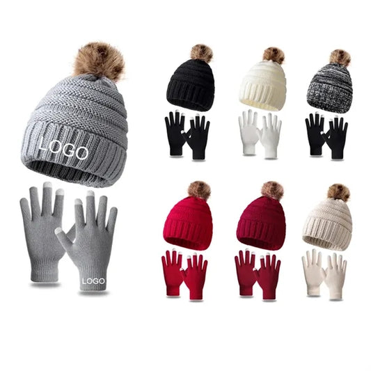 Winter Knit Beanie Hat Gloves Set