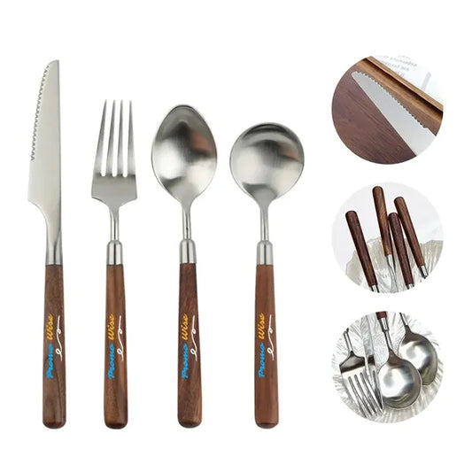 Walnut Wood Stainless Steel Tableware Steak Knife Fork Spoon