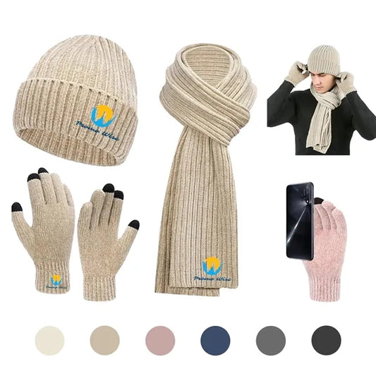 Winter Beanie Hat Scarf Touchscreen Gloves Set