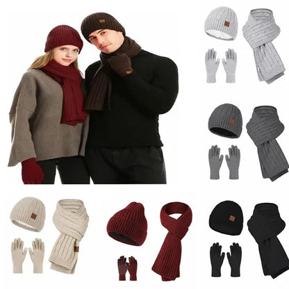 Unisex Winter Knit Hat Scarf Touch Screen Gloves Set