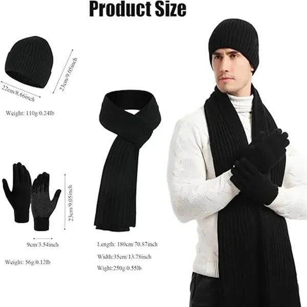 Unisex Winter Knit Hat Scarf Touch Screen Gloves Set