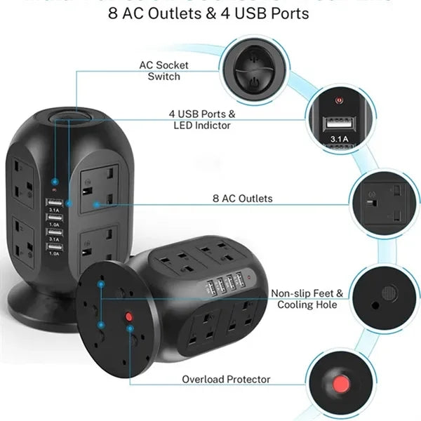 Power Strip Tower Charger Station with USB Ports