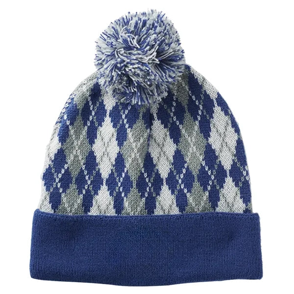 Knitted Pompom Beanies with a Diamond Pattern Design