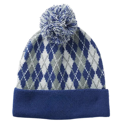 Knitted Pompom Beanies with a Diamond Pattern Design
