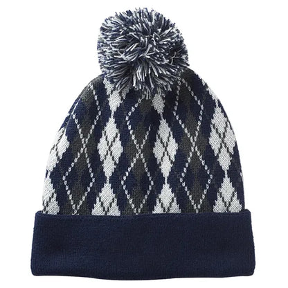 Knitted Pompom Beanies with a Diamond Pattern Design