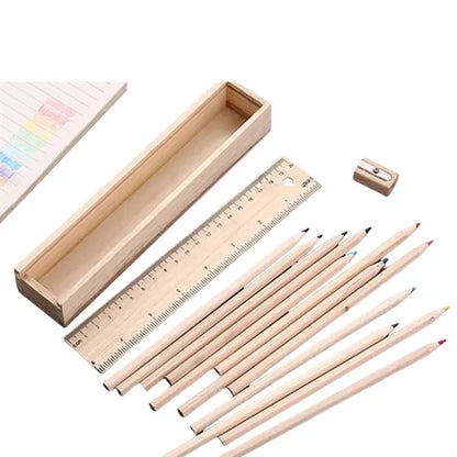 12 Colored Pencil Set With Lead Sharpener And Wooden Ruler
