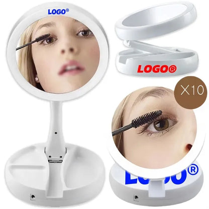 Round Folding LED Outdoor Indoor Makeup Mirror Plug In