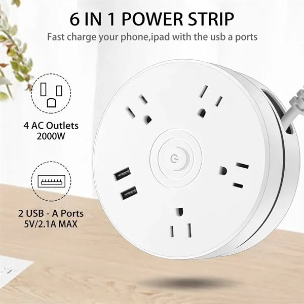 Retractable Power Strip Surge Protector with Hook Extension