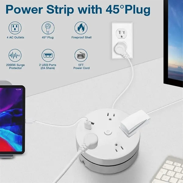 Retractable Power Strip Surge Protector with Hook Extension