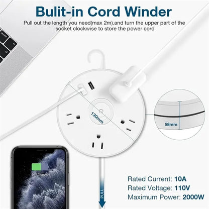 Retractable Power Strip Surge Protector with Hook Extension