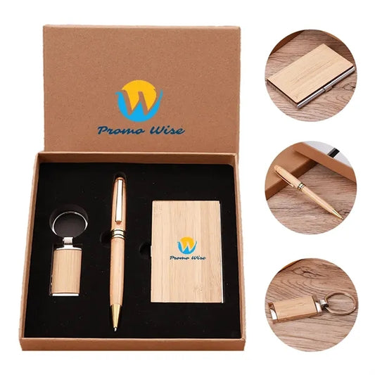 Eco Bamboo Business Card Holder Pen Keychain Gift Kit