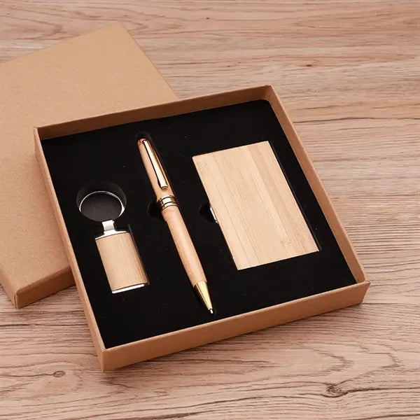 Eco Bamboo Business Card Holder Pen Keychain Gift Kit