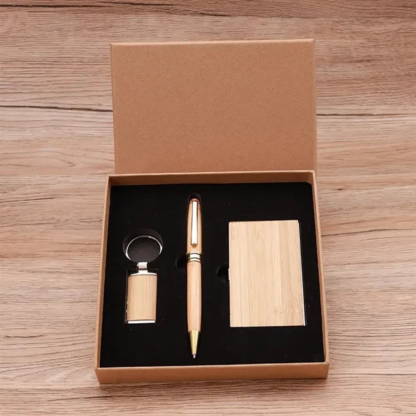 Eco Bamboo Business Card Holder Pen Keychain Gift Kit