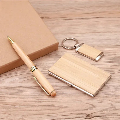 Eco Bamboo Business Card Holder Pen Keychain Gift Kit