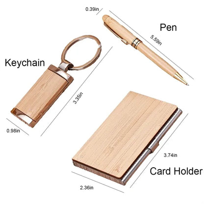 Eco Bamboo Business Card Holder Pen Keychain Gift Kit