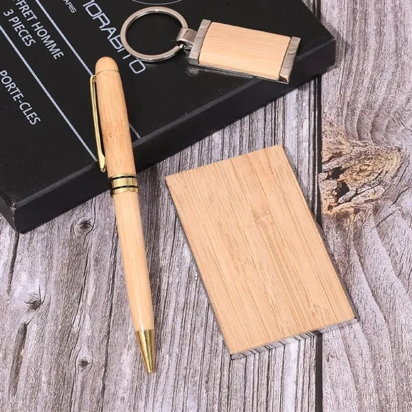 Eco Bamboo Business Card Holder Pen Keychain Gift Kit