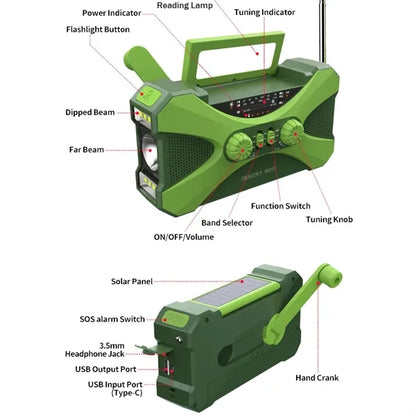 10000mAh Solar Hand Crank Emergency Flashlight SOS Radio