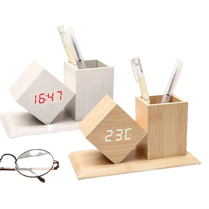 Students Wooden Voice Controlled LED Pen Holder Alarm Clock