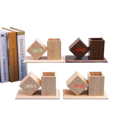 Students Wooden Voice Controlled LED Pen Holder Alarm Clock