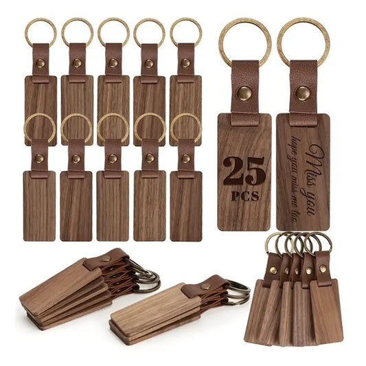 Leather Walnut Wood Keychain