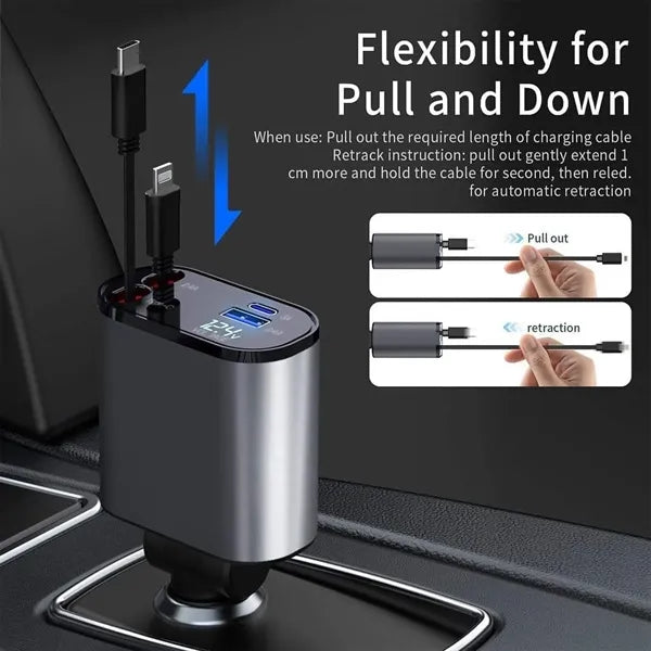 4 In 1 Retractable Car Charger Cigarette Lighter Socket