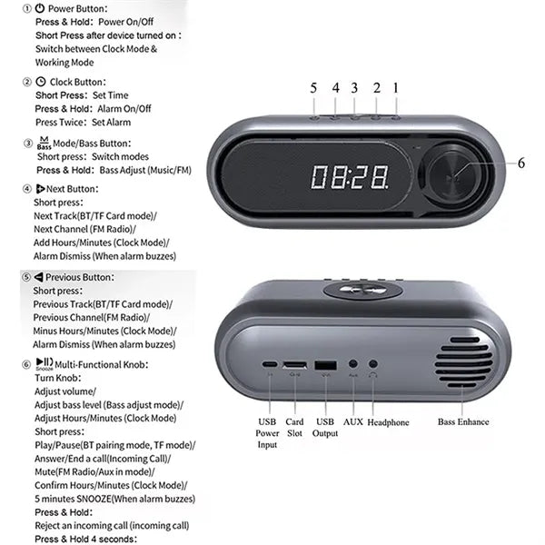Wireless Charging Bt Speaker Led Clock