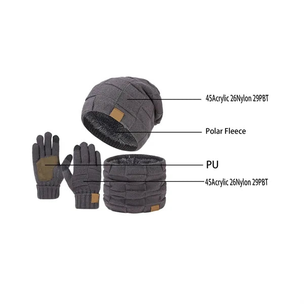 Unisex Loose Beanie Scarf Gloves Winter Three-Piece Set