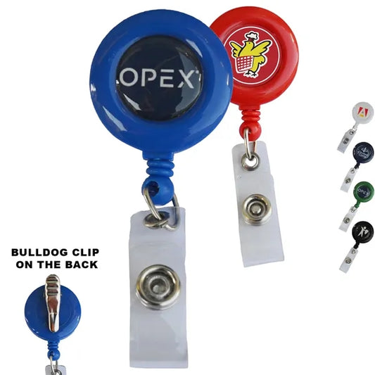 Round Retractable Badge Reel w/ Bulldog Clip on backing