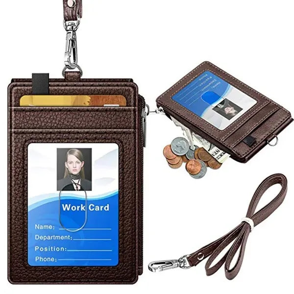 PU Leather ID Card Holder Wallet with Lanyard