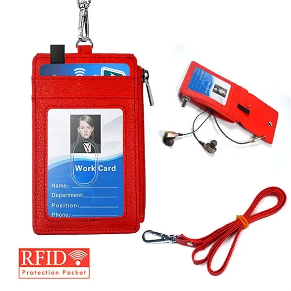 PU Leather ID Card Holder Wallet with Lanyard