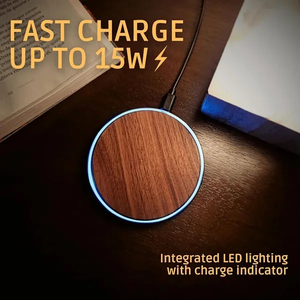 15W Slim Wooden QI Wireless Fast Charging Pad Laser Custom
