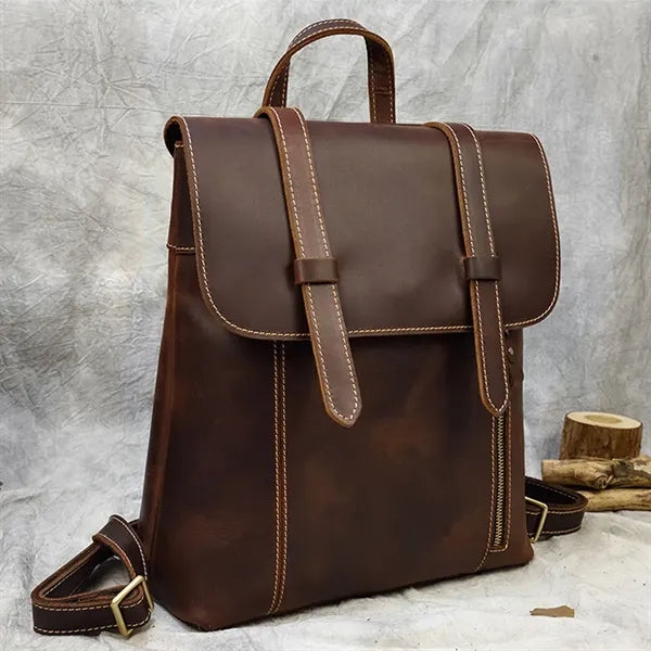 Genuine Leather Flip Cover Vintage Business Laptop Backpack