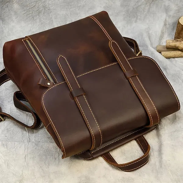 Genuine Leather Flip Cover Vintage Business Laptop Backpack