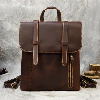 Genuine Leather Flip Cover Vintage Business Laptop Backpack
