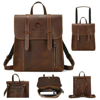 Genuine Leather Flip Cover Vintage Business Laptop Backpack