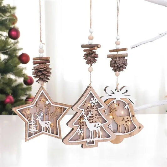 LED Christmas Hanging Wooden Ornaments