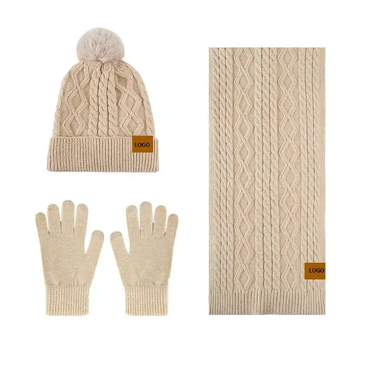 Women Knitted Beanie Hat Scarf Touch Screen Gloves Set