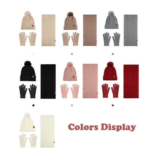 Women Knitted Beanie Hat Scarf Touch Screen Gloves Set