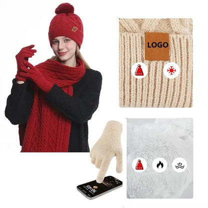 Women Knitted Beanie Hat Scarf Touch Screen Gloves Set