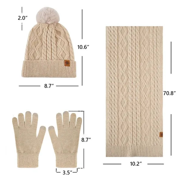 Women Knitted Beanie Hat Scarf Touch Screen Gloves Set