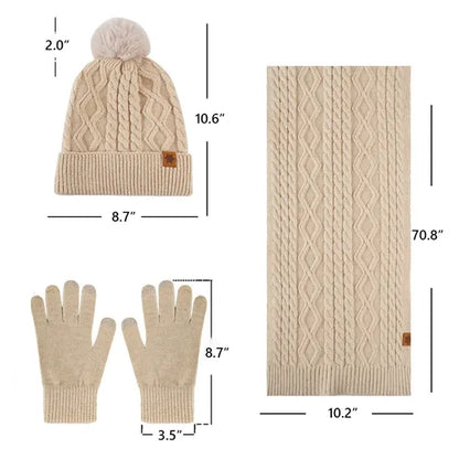 Women Knitted Beanie Hat Scarf Touch Screen Gloves Set