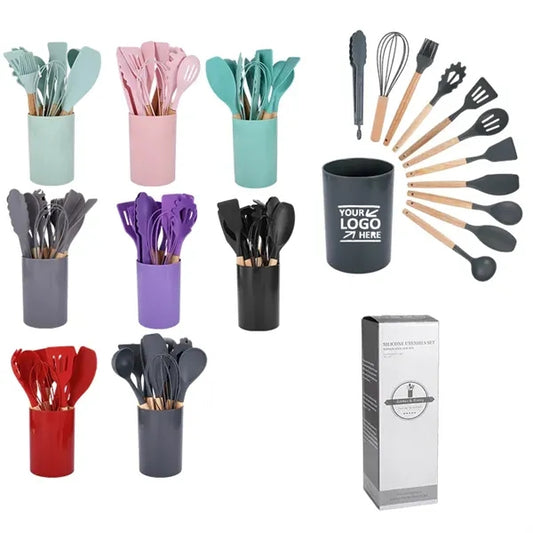 Kitchen Non-stick Silicone Utensil Set with Wood Handles